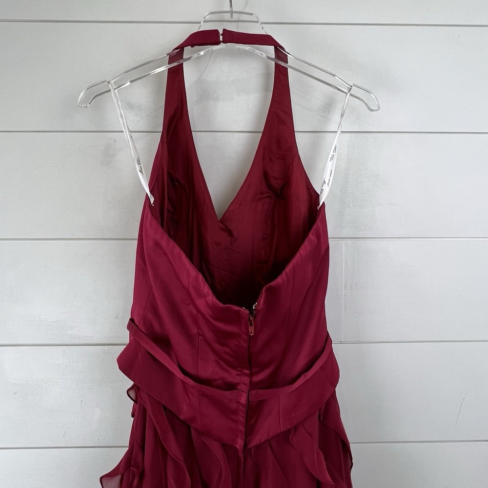 Mon Cheri EVENINGS 6 Halter Ruffle Chiffon Satin Maxi Dress Gown‎ Garnet Formal - Picture 7 of 12